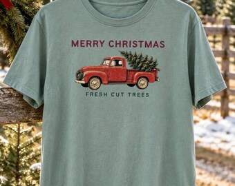 Camiseta Natalina com Caminhão Vermelho, Camiseta Vintage com Árvore de Natal, Comfort Colors