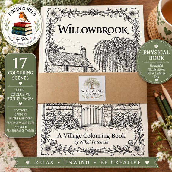 Willowbrook Village Colouring Book | 17 Cottage Scenes + Bonus Pages (Physical)