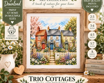 Charming English Countryside Wall Art Digital Download Watercolor Trio Cottages Garden Scene Printable Decor