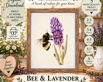 Bumblebee Lavender Watercolor Print, Cottage Style Wall Art (Digital Download)