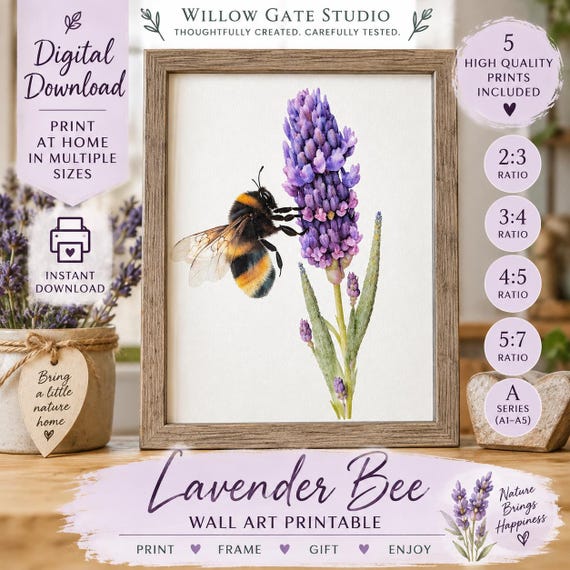 Bee & Lavender Watercolour Wall Art – Digital Download