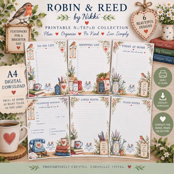 Cottage Style A4 Printable Notepad Bundle, 6 Designs (Digital Download)