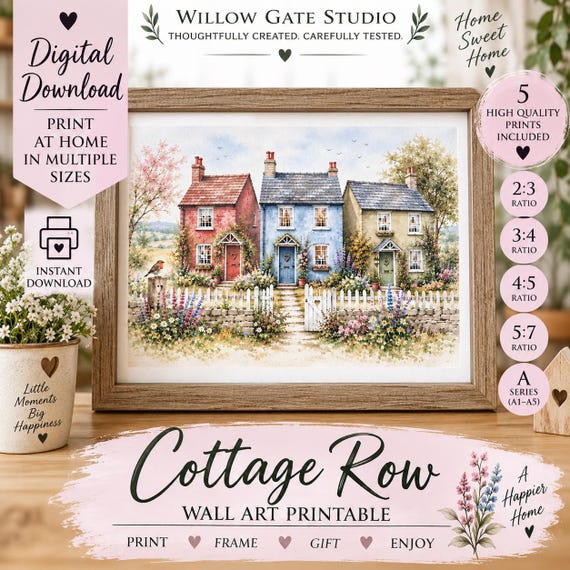 English Cottage Wall Art Printable Charming Cottage Garden Watercolour House Print Digital Download