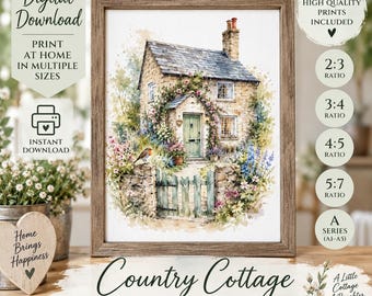 English Cottage Garden Print, Stone Cottage, Climbing Roses, Robin (Digital Download)