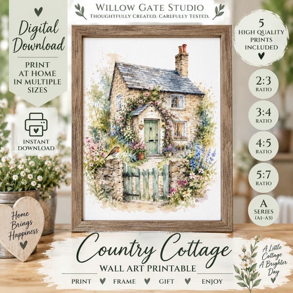 English Cottage Garden Watercolor Print | Stone Cottage, Roses, Robin (Digital Download)