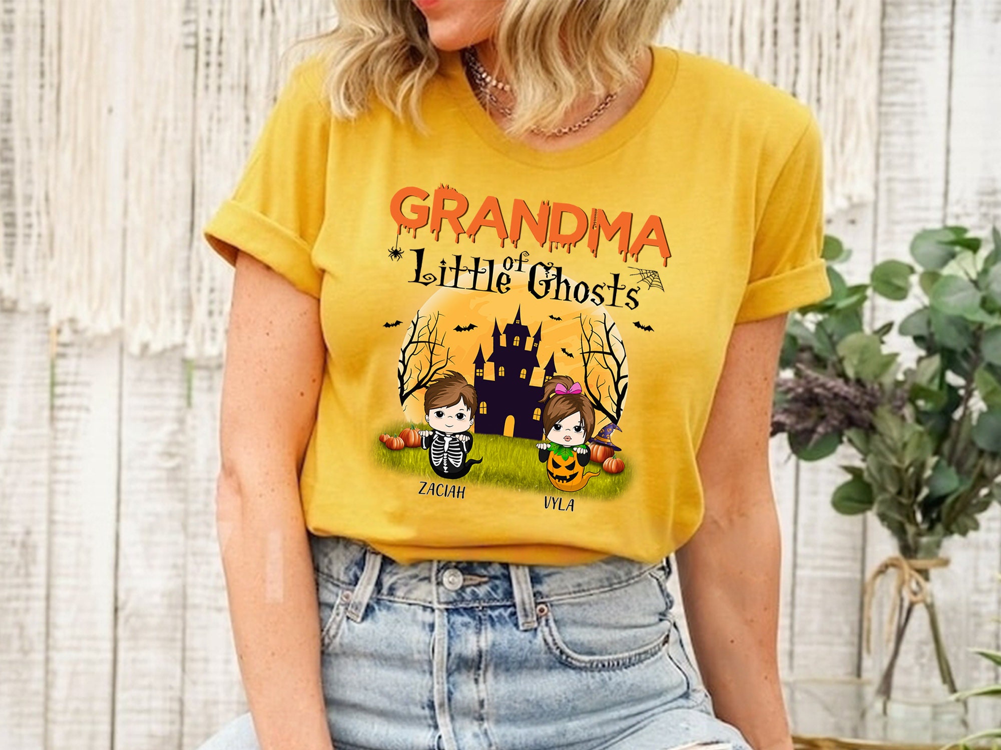 Discover Grandma Of Little Ghosts Shirt, Grandma Halloween Shirt, Custom Grandkids Shirt, Nana Mimi Halloween Shirt, Grandma With Grandkids Shirt
