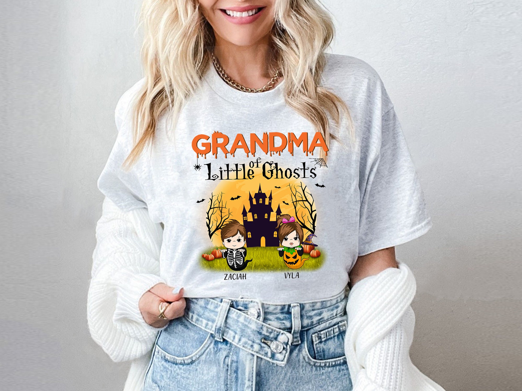 Discover Grandma Of Little Ghosts Shirt, Grandma Halloween Shirt, Custom Grandkids Shirt, Nana Mimi Halloween Shirt, Grandma With Grandkids Shirt