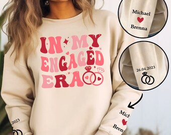 Retro In My Engaged Era Sweatshirt, Custom Couple Name On Sleeve,Personalization Valentine Couple Hoodie, Engagement Gift,Bachelorette Shirt