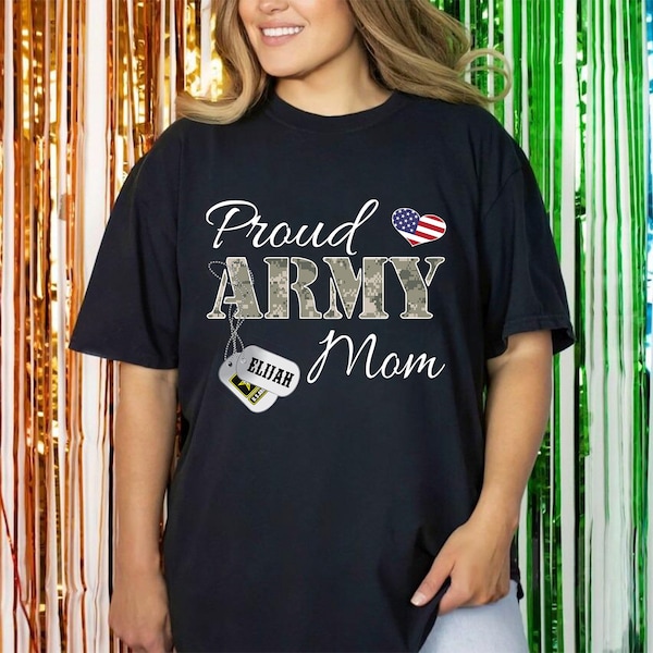 Personalized Proud Army Mom Shirt For Women, Army Mom With Dog Tag T-Shirt, Custom Soldier Name And Family Member Shirt, Military Mom Shirt