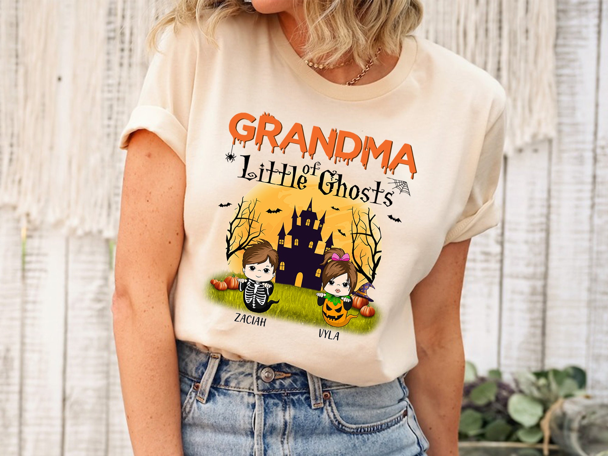 Discover Grandma Of Little Ghosts Shirt, Grandma Halloween Shirt, Custom Grandkids Shirt, Nana Mimi Halloween Shirt, Grandma With Grandkids Shirt