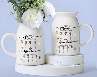 Custom Grandma Flower Vase, First Mom Now Grandma Vase, Mothers Day Gifts,Grandma Gift,Gift For Grandma,Personalized Flower Birth Month Vase