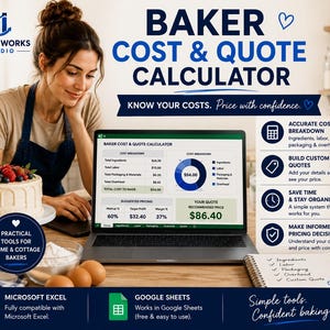May include: A digital Baker Cost & Quote Calculator displayed on a laptop screen, featuring a cost breakdown table, a pie chart, and suggested pricing. The interface includes sections for ingredients, labor, packaging, and overhead costs.