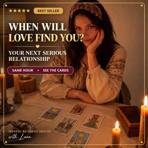 Könnte beinhalten: Eine Werbeanzeige für Tarotkarten mit dem Text WHEN WILL LOVE FIND YOU? YOUR NEXT SERIOUS RELATIONSHIP. SAME HOUR • SEE THE CARDS. MYSTIC READING HOUSE with Luna. Eine Person sitzt hinter einem Tisch mit brennenden Kerzen und Tarotkarten.