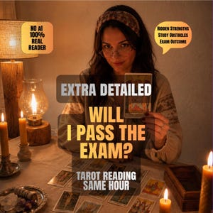 May include: A person with dark hair and glasses holds a tarot card featuring The Lovers. The text reads: NO AI 100% REAL READER, EXTRA DETAILED WILL I PASS THE EXAM?, HIDDEN STRENGTHS STUDY OBSTACLES EXAM OUTCOME, TAROT READING SAME HOUR.