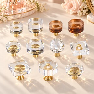 Crystal Cabinet Knobs with Brass Bases, Clear or Coffee Drawer Knobs for Vanities, Dressers and Wardrobes