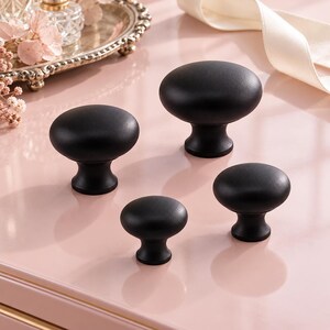 Matte Black Mushroom Cabinet Knobs, Brass Round Drawer Knobs in 22, 25, 28 and 35 mm