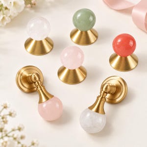 Pastel Cabinet Knobs and Pendant Pulls, Gold Tone Round Drawer Handles for Dressers, Wardrobes and Vanity Cabinets