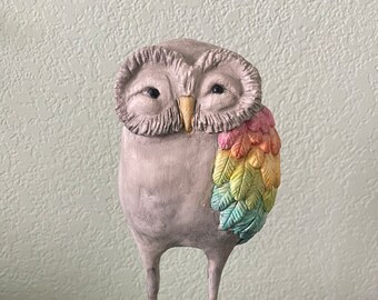 Rainbow owl art sculpture One-of-a-kind decor - ready to ship