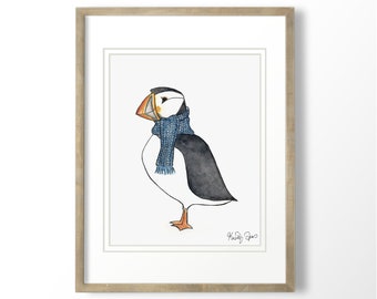 Cute Puffin Wall Art - Watercolor Puffin Wearing a scarf