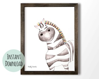 Rainbow Nursery Art Print, Jungle Animal Zebra Watercolor - INSTANT DOWNLOAD PRINTABLE