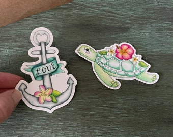 Tropical Stickers Set for Beach Lovers - 1 Anchored in Love and 1 Sea Turtle -  Waterproof Vinyl Sticker - Water Bottle Laptop Decal