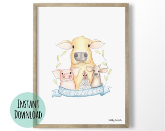 Vegan Art Print, Live and Let Live, Farm Animals Watercolor Painting - Printable Wall Art - 8x10