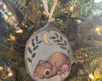 Hand painted watercolor bear Christmas ornament