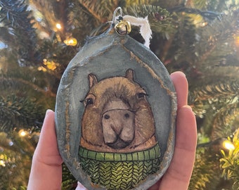 Hand Painted Watercolor Capybara Christmas ornament