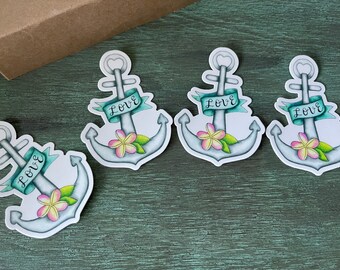 Tropical Sticker Set of 4 Gift Giving Bundle - Nautical Beach Stickers - Anchored in Love -  Waterproof Vinyl Sticker