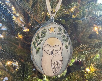 Hand-painted watercolor owl Christmas ornament