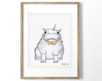Watercolor Animal Nursery Art Print | Hippo Party Animal Print | Hippopotamus Animal Painting | Childrens Art | Birthday Decor | Baby Shower
