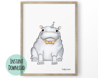 Printable Nursery Art Print - Hippo Party Animal Wall Art | INSTANT DOWNLOAD