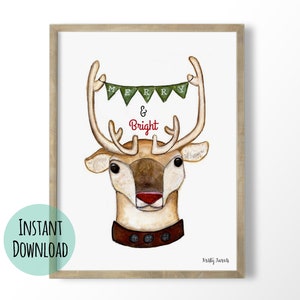 Reindeer Christmas Print Merry and Bright DIY Holiday Decor image 1
