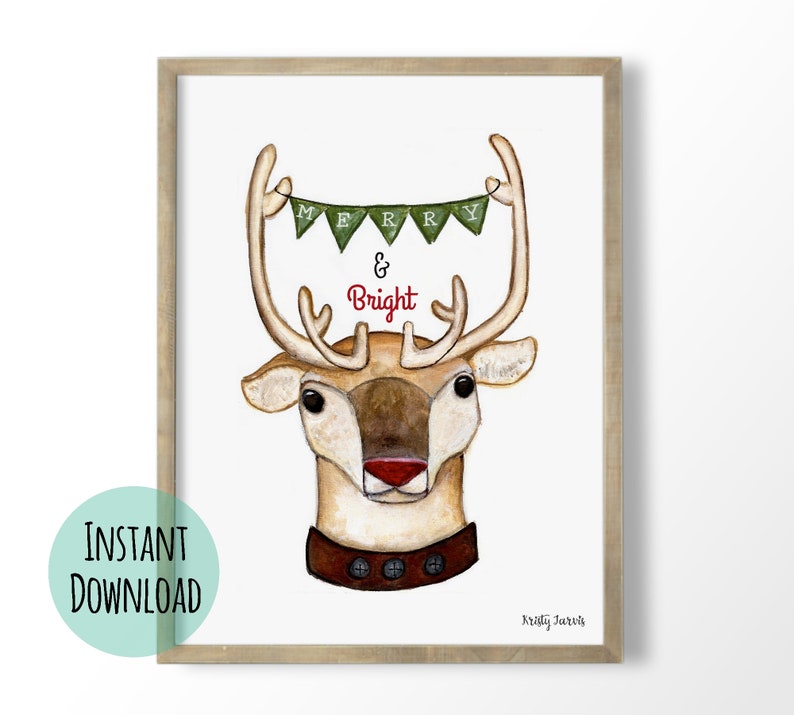 Reindeer Christmas Print Merry and Bright DIY Holiday Decor image 1