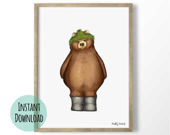 Woodland Nursery art Print Watercolor Bear Printable Wall Art - 8x10, 11x14