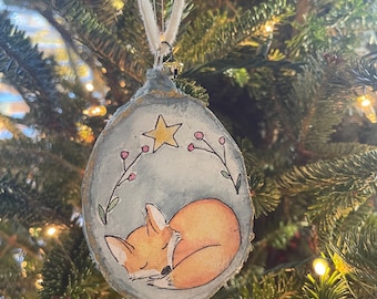 Hand-painted fox watercolor Christmas ornament