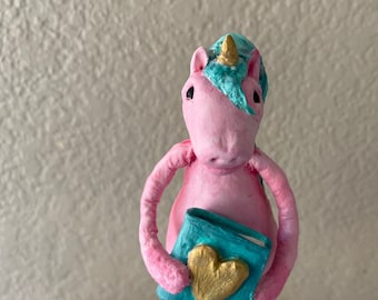 Unicorn Figurine Valentine's Folk Art Sculpture - ready to ship