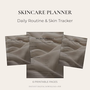 Peut inclure: Un planificateur de soins de la peau avec six pages imprimables comprenant les sections My Daily Routine, My Skin Profile et My Skin Review. Les pages présentent un fond en tissu beige ondulé avec du texte noir pour le suivi de la peau.