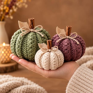 Puede incluir: Tres calabazas de ganchillo en verde salvia, ciruela oscuro y crema. Cada calabaza tiene un tallo de rama de canela, una pequeña hoja de arpillera y un lazo de cuerda fina alrededor del tallo. Textura con costuras acanaladas verticales.