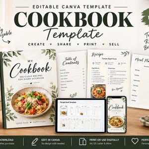 Puede incluir: Una plantilla de libro de cocina editable en Canva que incluye una portada con una imagen de pasta, índice, páginas de recetas y un planificador de comidas. El diseño presenta detalles de hojas botánicas, texto negro y más de 40 páginas.