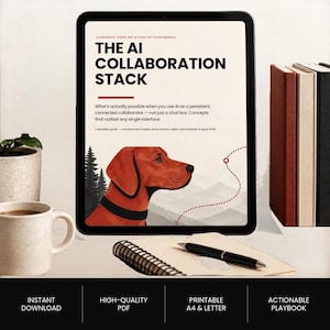 May include: A digital tablet displaying a document titled The AI Collaboration Stack, featuring a red dog illustration, pine trees, and mountains. The text includes a capability guide description and a dotted path line. The screen also shows a black pen.
