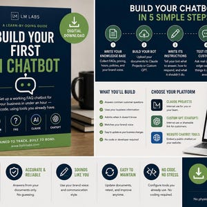 May include: A digital guide titled Build Your First AI Chatbot by LM Labs, featuring a five-step process for creating an FAQ chatbot. The guide includes instructions on building a knowledge base, testing, and embedding the bot on a website.