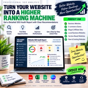 Op de afbeelding: Een laptop die een Website SEO Audit Report met grafieken en gegevens weergeeft, omringd door tekst waaronder Turn Your Website Into A Higher Ranking Machine, Better Website Higher Rankings More Opportunities en een geel briefje met Same Website Bigger Opportunities.