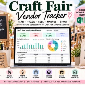 May include: A laptop screen displaying a Craft Fair Vendor Tracker spreadsheet with a dashboard showing sales, expenses, and profit data. The interface includes charts, tables, and icons for inventory, sales, profit, events, expenses, and booth planning.