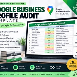 May include: A laptop displaying a Google Business Profile Audit Template checklist with columns for audit items, status, and recommendations. Beside it are stacked books labeled Plan, Optimize, Rank, Grow and a mug with Good SEO Better Business text.