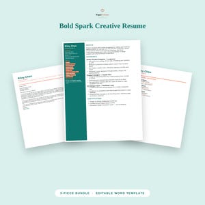 May include: A three-piece Bold Spark Creative Resume template bundle in white with dark teal accents. The documents feature sections for profile, experience, and certifications, with text including Riley Chen, Product Designer, and contact details.