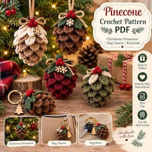 May include: A digital PDF crochet pattern for pinecone ornaments, bag charms, and keychains. The image displays multiple crocheted pinecones in cream, brown, red, and green, accented with small red berries, twine bows, and wooden snowflake charms.