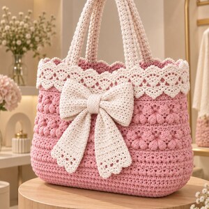 Textured Tote Bag Crochet Pattern PDF with Statement Bow, Scalloped Lace, Instant Download