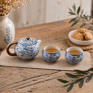 May include: A ceramic teapot and two matching tea cups featuring a blue and white floral pattern. The teapot has a dark brown curved handle and a matching lid. Both cups are filled with a light amber liquid, arranged on a rectangular linen mat.