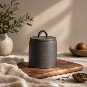 Può includere: Un contenitore cilindrico in ceramica grigio scuro con coperchio abbinato dotato di una piccola maniglia ad arco sulla parte superiore. Il recipiente presenta una finitura opaca testurizzata e poggia su un tagliere in legno, dal design semplice.